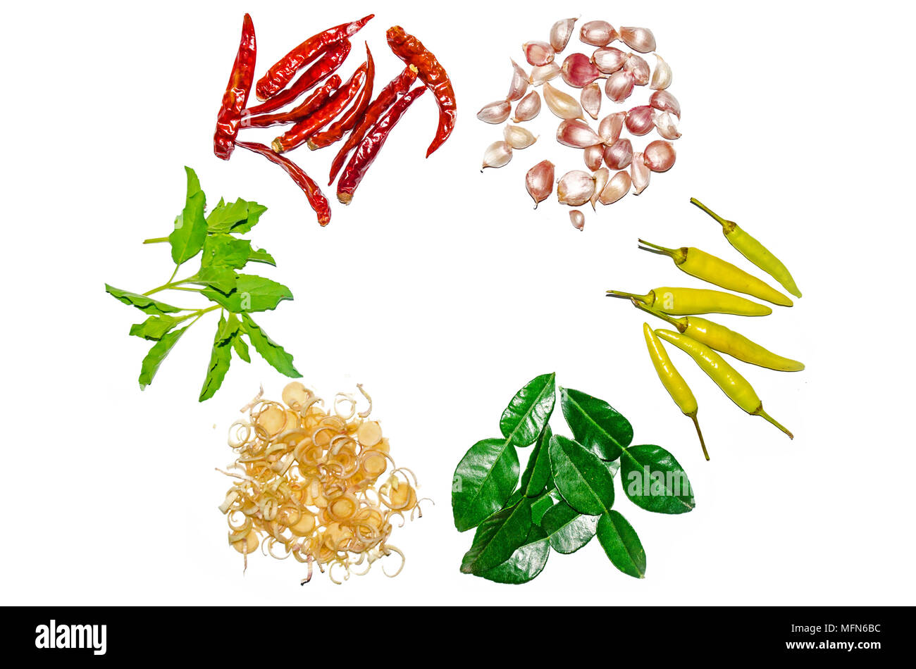 Gruppo di ingredienti di condimento e sulla parte superiore della tavola, Tailandese ingredienti speziati con peperoncino e aglio, citronella Foto Stock