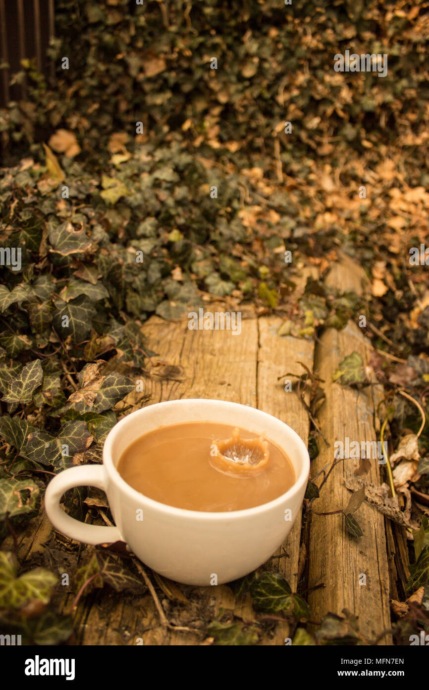Benessere e relax con caffè bianco su un tavolo di legno nel giardino. Foto Stock