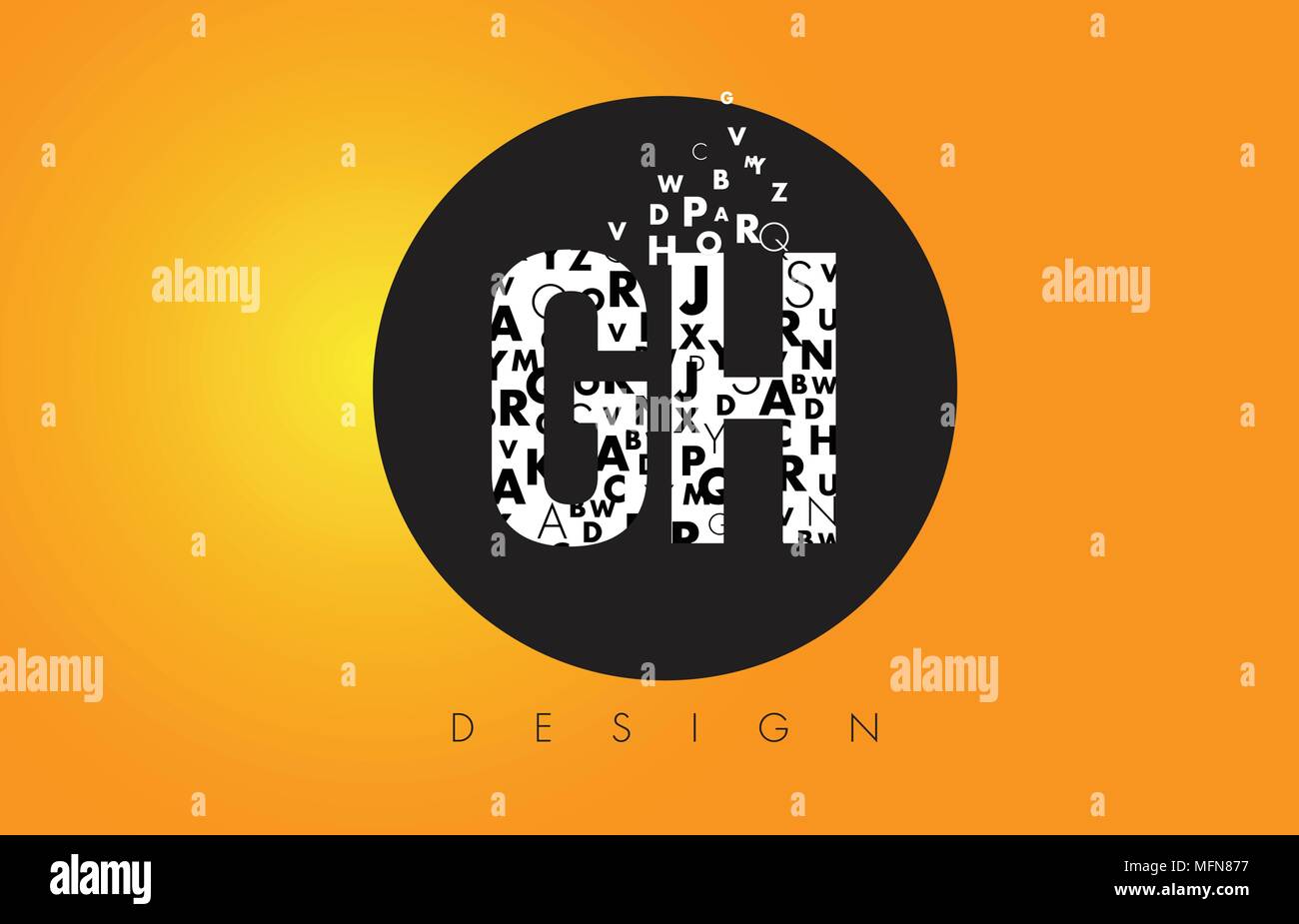 GH G H Logo Design fatta di piccole lettere con cerchio nero e sfondo giallo . Illustrazione Vettoriale