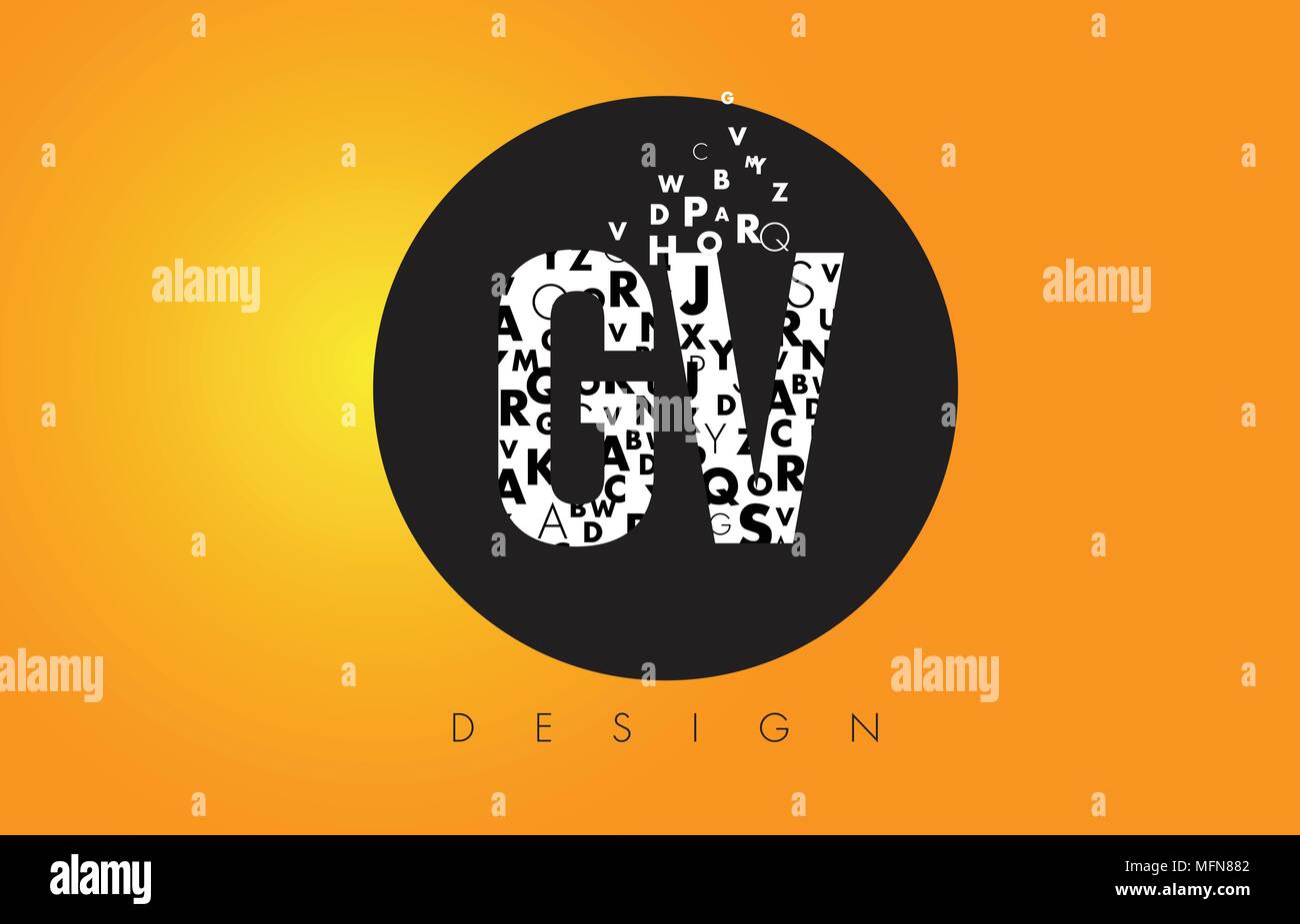 GV G V Logo Design fatta di piccole lettere con cerchio nero e sfondo giallo . Illustrazione Vettoriale