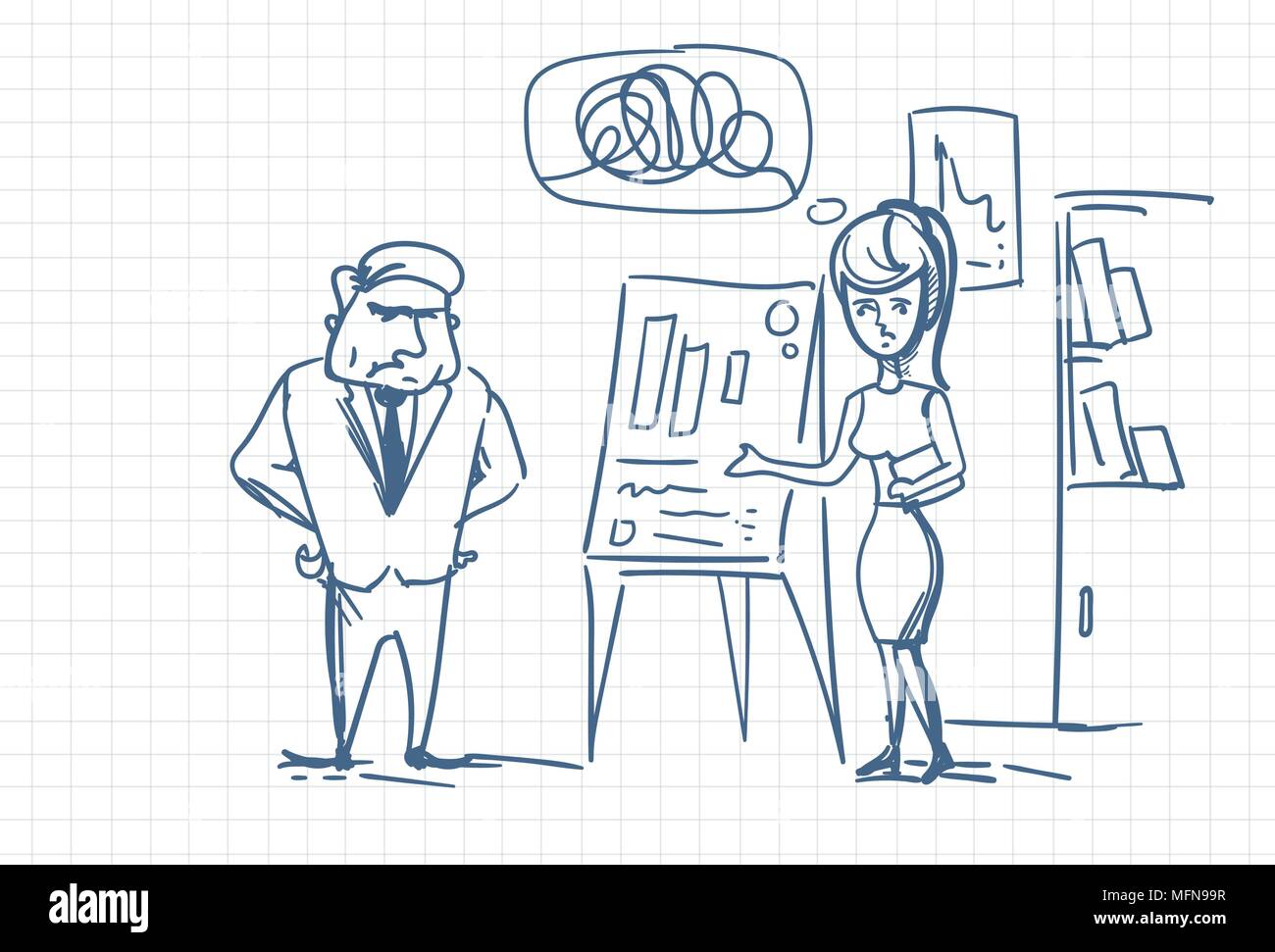 Arrabbiato Boss Guardando Report o i risultati di vendita su Clip board durante il Business donna Presentazione Doodle Illustrazione Vettoriale