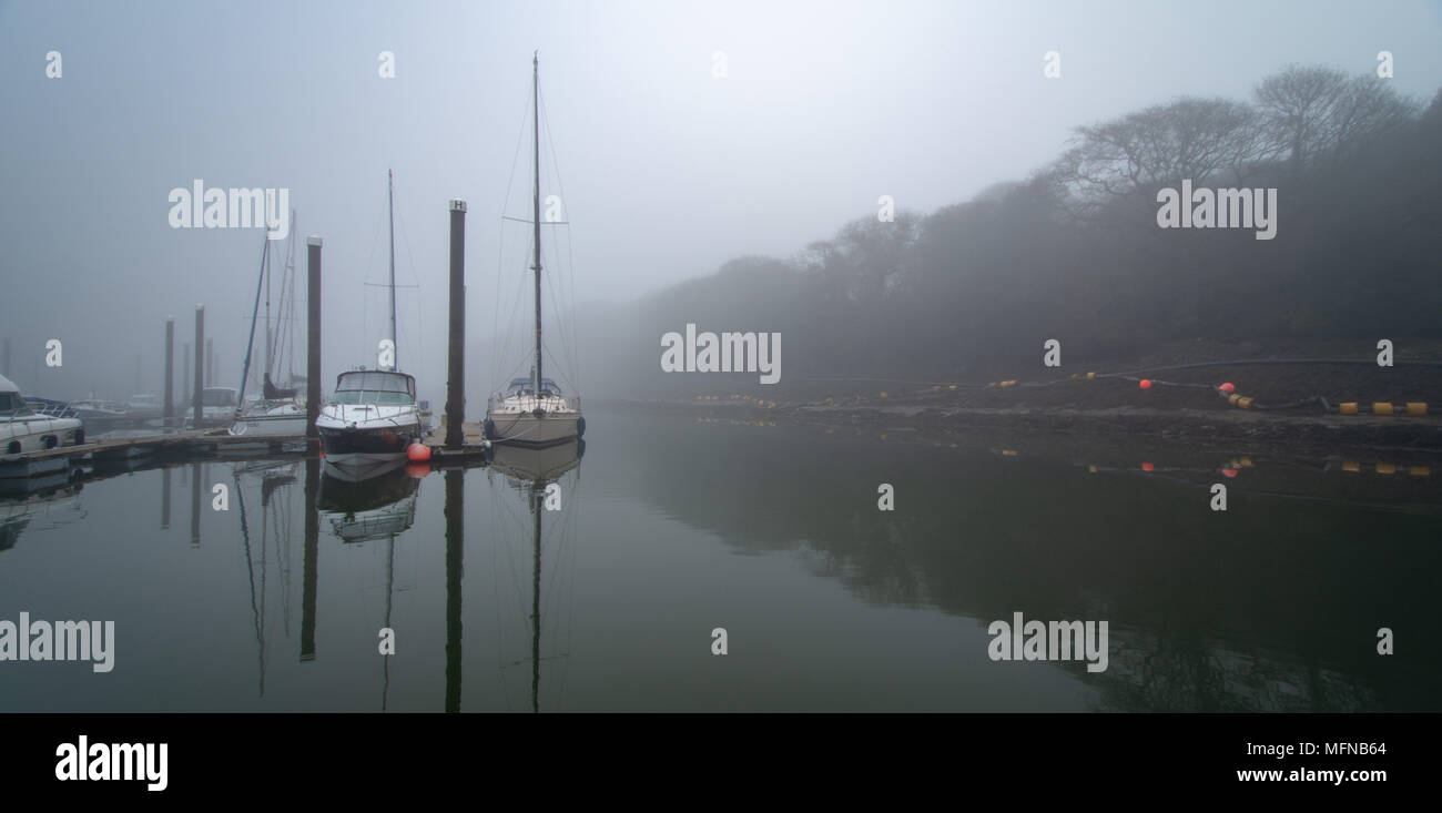 Riflessioni perfetta in una nebbiosa mattina a Neyland Marina, Pembrokeshire Foto Stock
