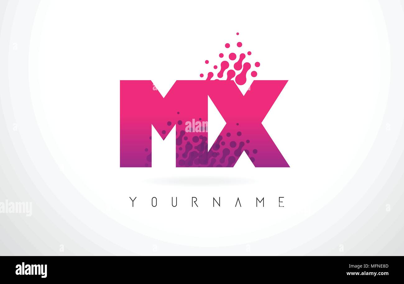 MX M X Letter Logo con lettere rosa e viola e particelle di colore punti Design. Illustrazione Vettoriale