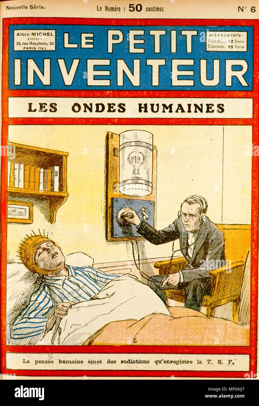 Esaminando l'attività elettrica del cervello. Da "Le Petit Inventeur", Parigi, 1926. Foto Stock