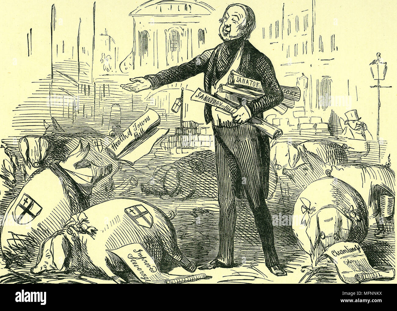 La sanità pubblica Act, 1848: l'Home Secretary, Signore Morpeth, perle di colata (le disposizioni dell'Atto) prima suina (la città di Londra degli assessori). Cartone animato da 'Foratura', Londra, 1848. Foto Stock