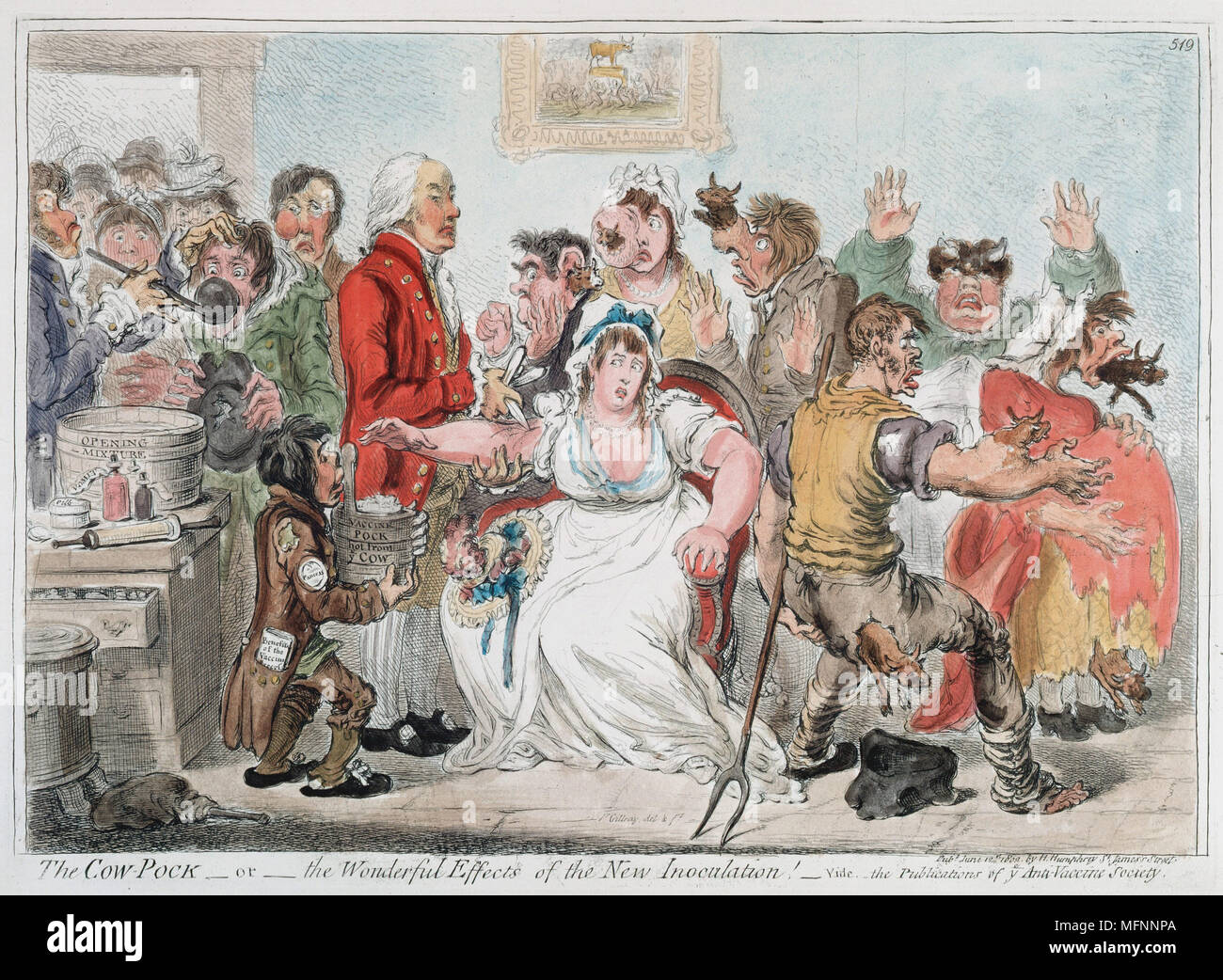 Gilray cartoon per la vaccinazione contro il vaiolo usando siero Cowpox, 1802. Nel 1796 il medico inglese Edward Jenner (1749-1823) si è dimostrato di efficacia pratica, ma l opposizione ha continuato per un po'. Colorate a mano l'incisione Foto Stock