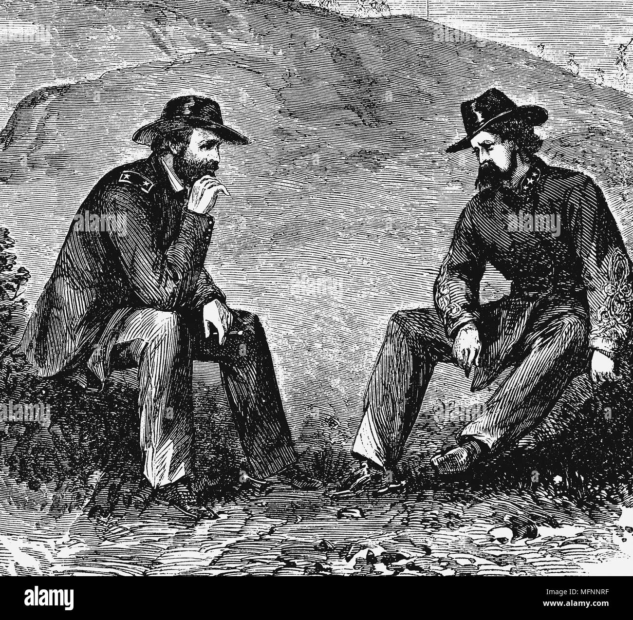 General US Grant (sinistra) termini di negoziazione con il generale John Clifford Pemberton (1814-1881) Confederate (sud) commander per rinuncia di Vicksburg. La guerra civile americana 1861-1865. Incisione. Foto Stock