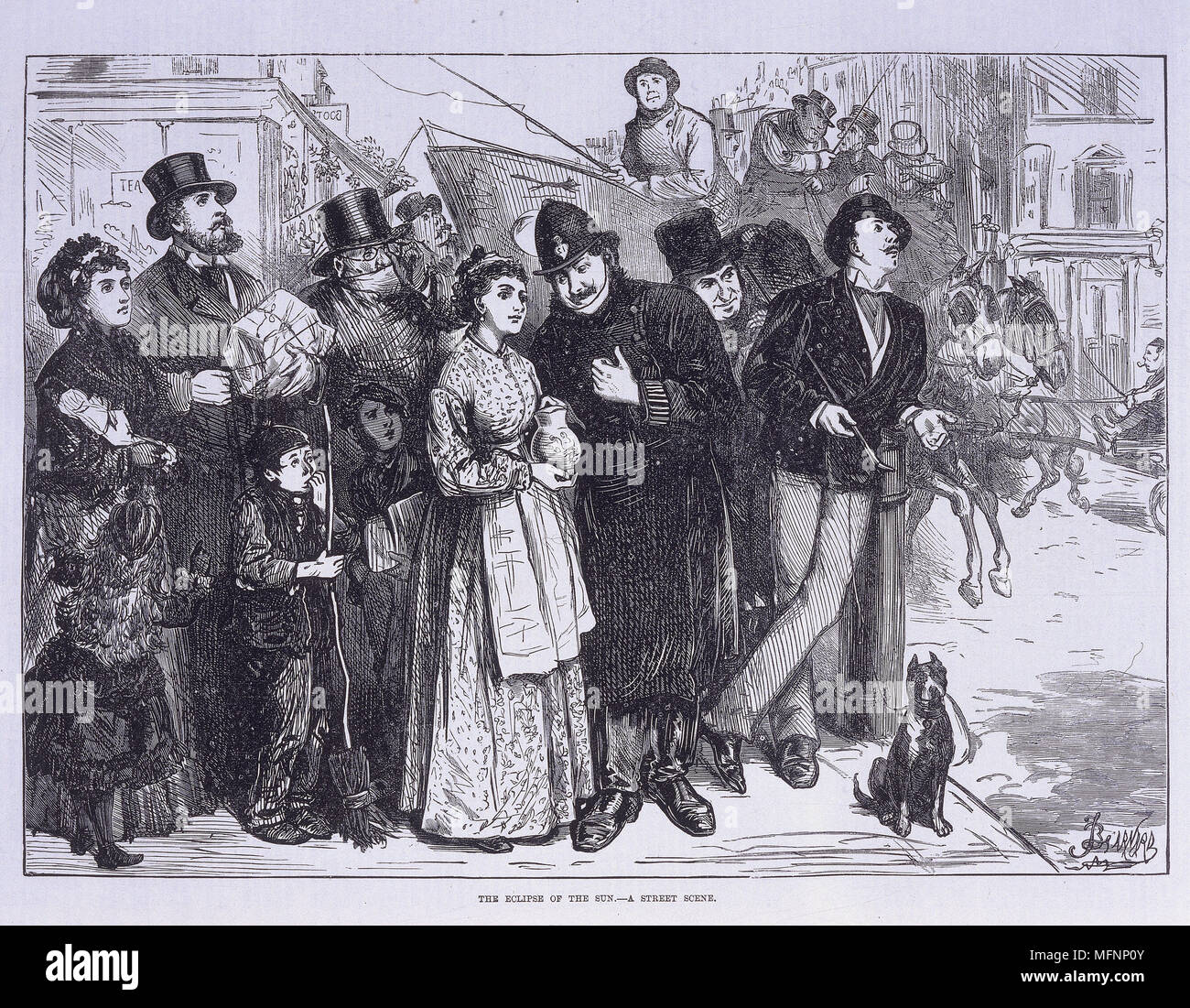 I membri del pubblico a guardare il solar eclips a Londra . Scena di strada con una folla di persone tutte fissando lo sguardo fino al cielo. Da 'l'Illustrated London News', Vol 57 (Londra, c1870). Foto Stock