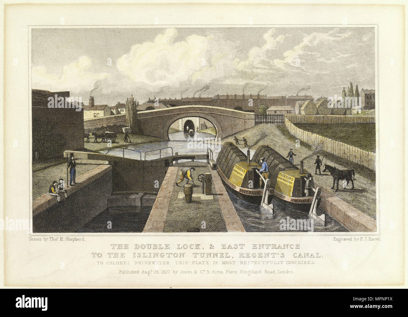 Doppia serratura sul Regent's Canal, Londra che mostra l'estremità est del quartiere di Islington Tunnel in background. Colorate a mano incisione c1830 Foto Stock