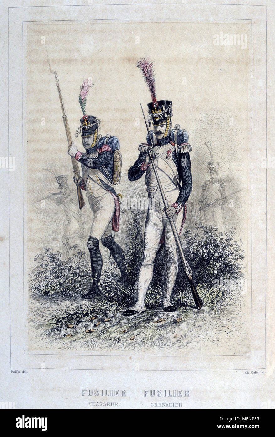 I fucilieri della luce cavalleria e i Granatieri. Da 'Napoleone 1er et la Garde Imperiale' da Eugenio Fieffe, Parigi, 1858. Foto Stock
