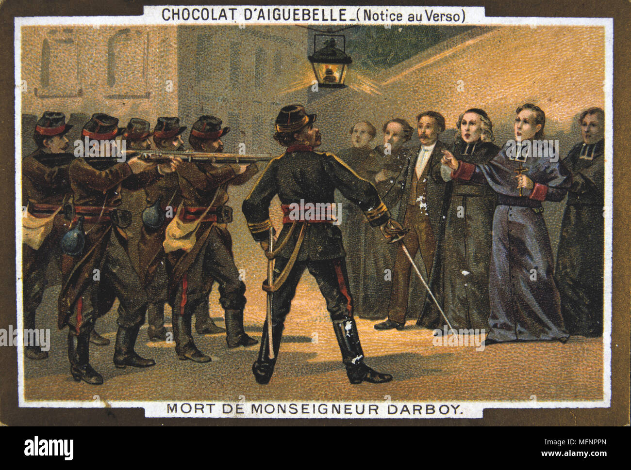 Comune di Parigi 26 marzo-28 maggio 1871. La sanguinosa Settimana: Esecuzione di ostaggi da parte del Comune. Mgr Darboy, Arcivescovo di Parigi e 5 altri ostaggi shot nella prigione di La Roquette su ordini di Theophile Ferre, 24 maggio. Chromolithograph. Foto Stock
