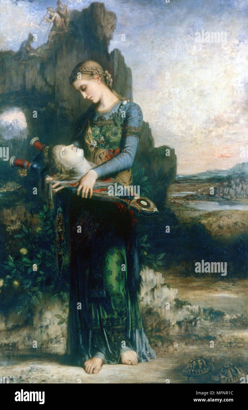 La testa di Orfeo', 1865: Gustave Moreau (1826-1899), pittore francese. Nelle leggende greche Orpheus fu dilaniata da Thracian donne. La sua testa fu gettata nel fiume Hebrus e trasportate via mare a Lesbo dove è stato sepolto. Foto Stock