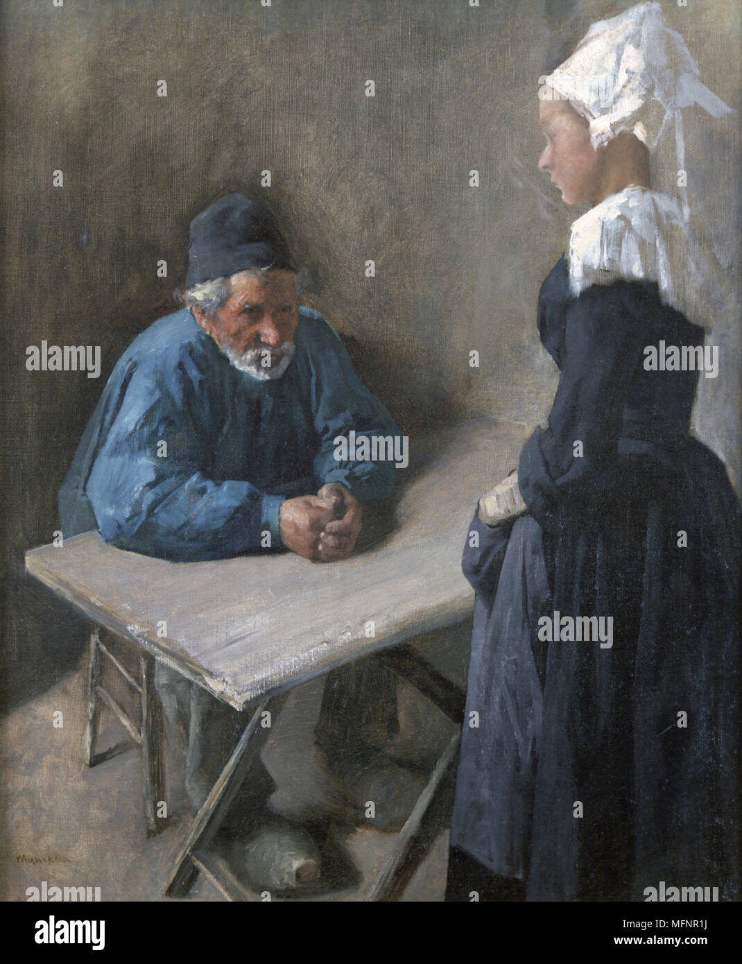 Assunzione di un servo". Olio su tela. Mihaly Munkacsky (1844-1900) pittore ungherese. Blu Grigio bianco uomo donna tabella Foto Stock