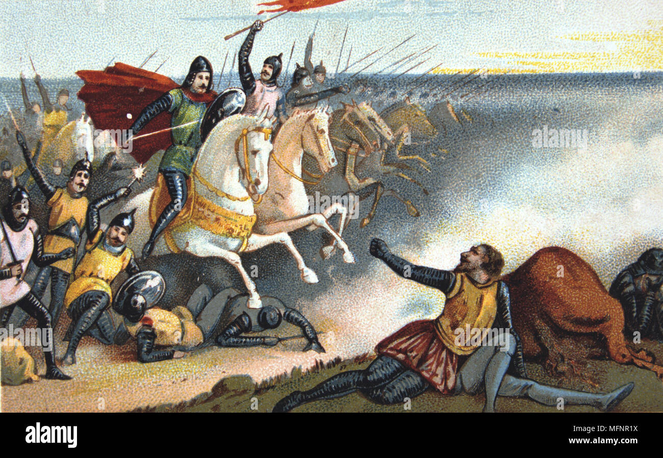 Battaglia di Hastings, 14 ottobre 1066. Guglielmo di Normandia (Guglielmo il Conquistatore) sconfiggendo Harold II d'Inghilterra. Xix secolo scheda commerciale Chromolithograph Foto Stock