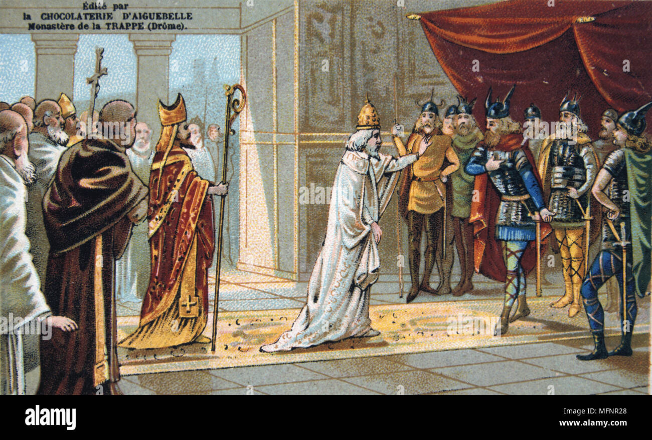 Papa Stefano II (III) a Parigi chiedendo Pipino il Breve per un aiuto contro i Longobardi. Pipino o Pippin (714-768), re dei Franchi da 751, padre di Carlo Magno. Xix secolo scheda commerciale Chromolithograph Foto Stock