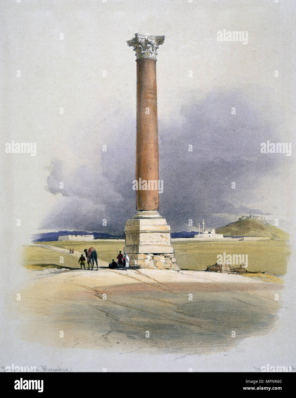 La colonna di Pompeo, Alessandria' acquerello. David Roberts (1796-1864) artista scozzese e lorientalista. Granito rosso colonna eretta a Diocleziano, iv secolo. Una volta si pensava che mark luogo di sepoltura di Pompeo il grande. Foto Stock