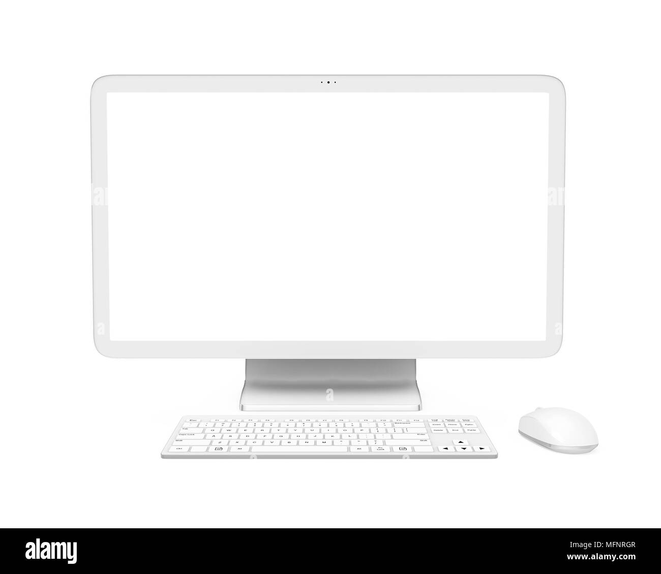 Computer desktop con una schermata bianca vuota il monitor, la tastiera e il mouse isolato Foto Stock