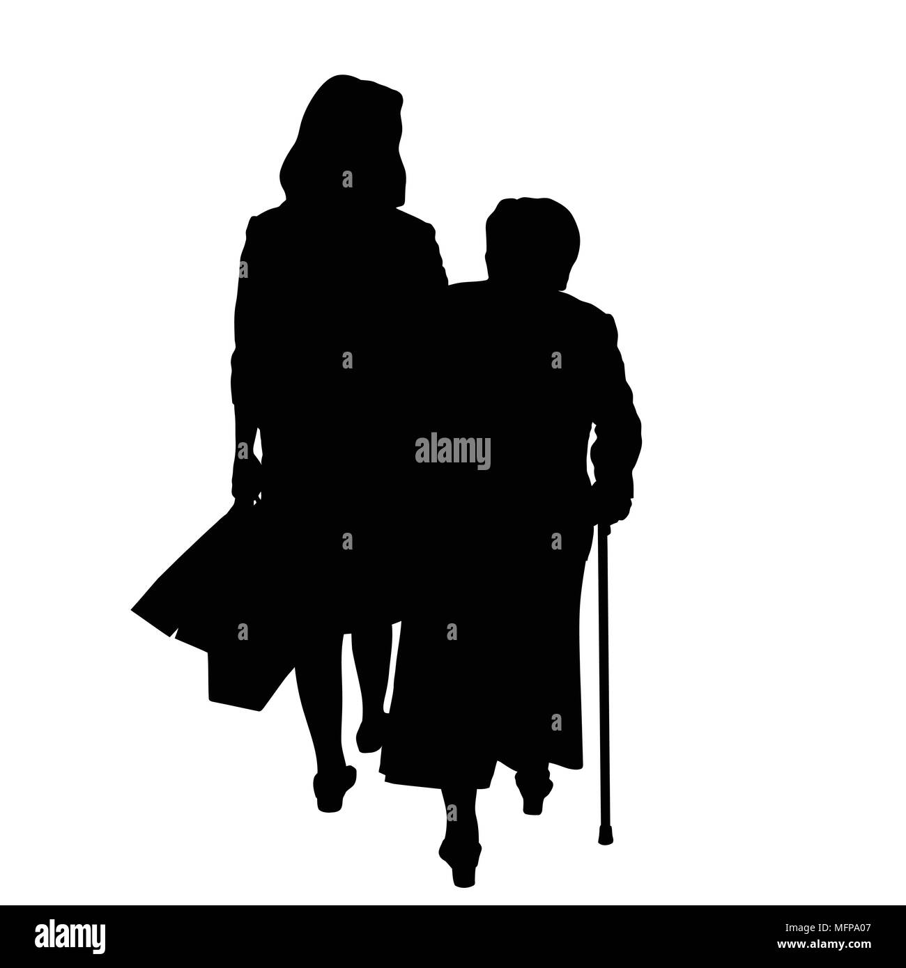 Figlia adulta e anziana madre silhouette su uno sfondo bianco, illustrazione vettoriale Illustrazione Vettoriale