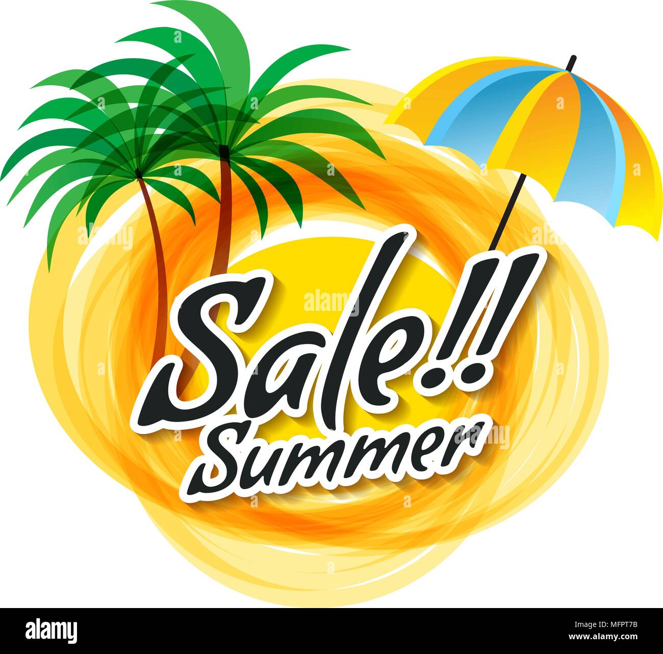 Il giallo sole astratto con l'estate vendita testo. Palme un Illustrazione Vettoriale