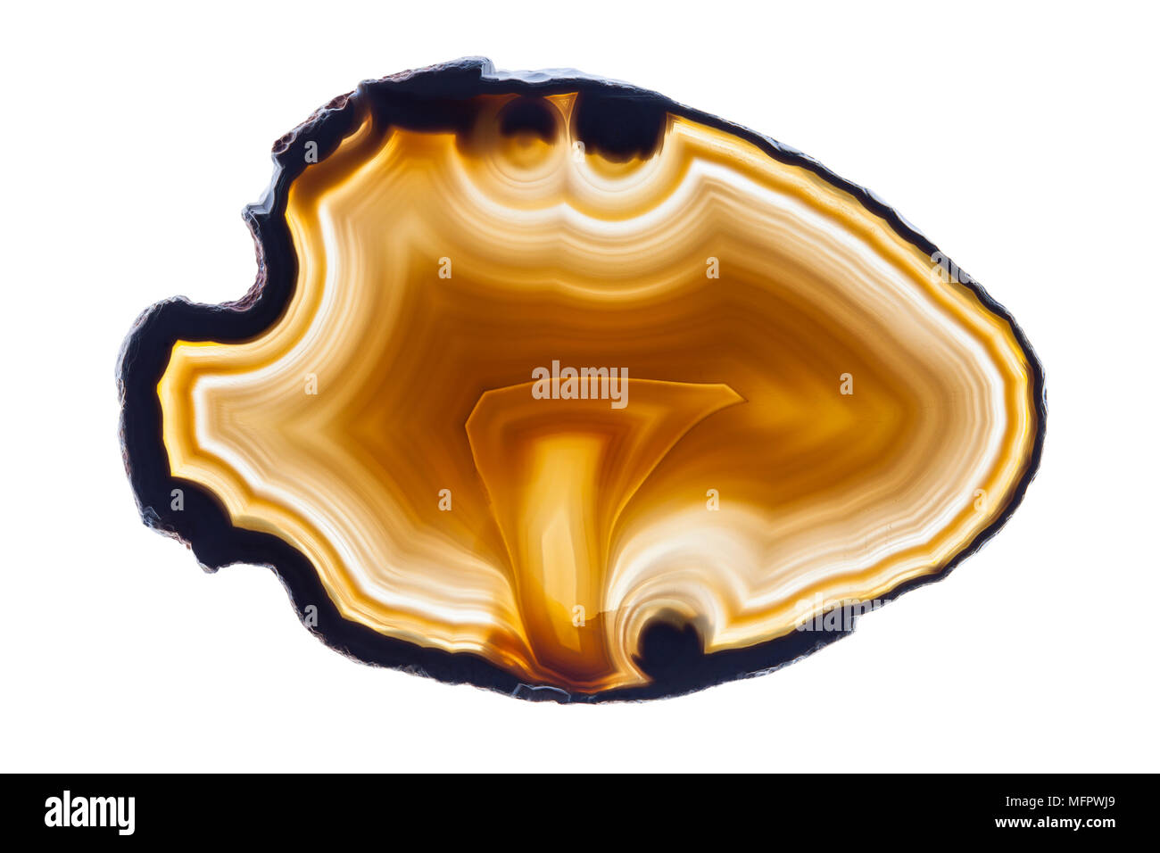 Sfondo astratto, marrone agata fetta rotonda isolata minerale su bianco Foto Stock