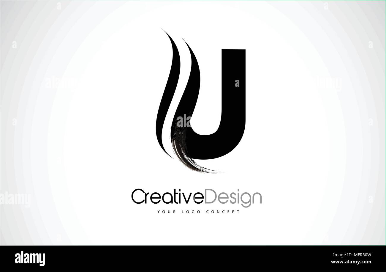 Lettera U Design spazzola corsa di vernice. Lettera con logo nero colpo di pennello. Illustrazione Vettoriale