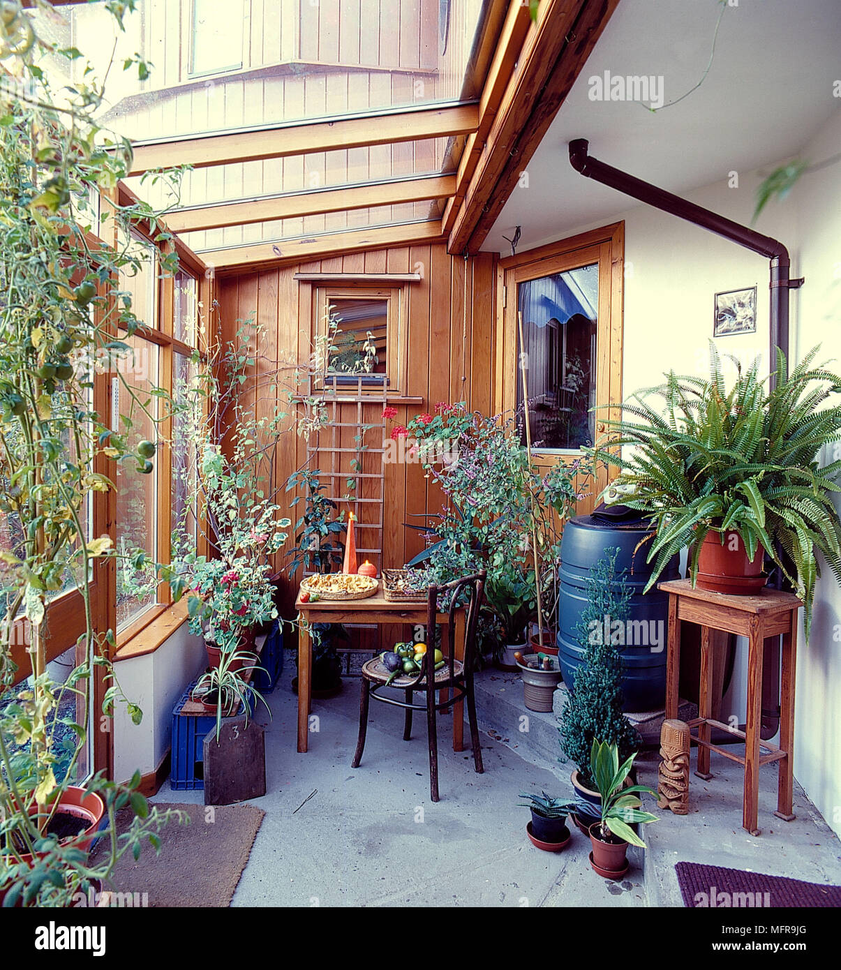 Conservatorio in casa di paese neutrale e rivestiti in legno pareti tetto spiovente tabelle sedia houseplants pentole incorniciato specchio immagine drainpipe di windows di bordo Foto Stock