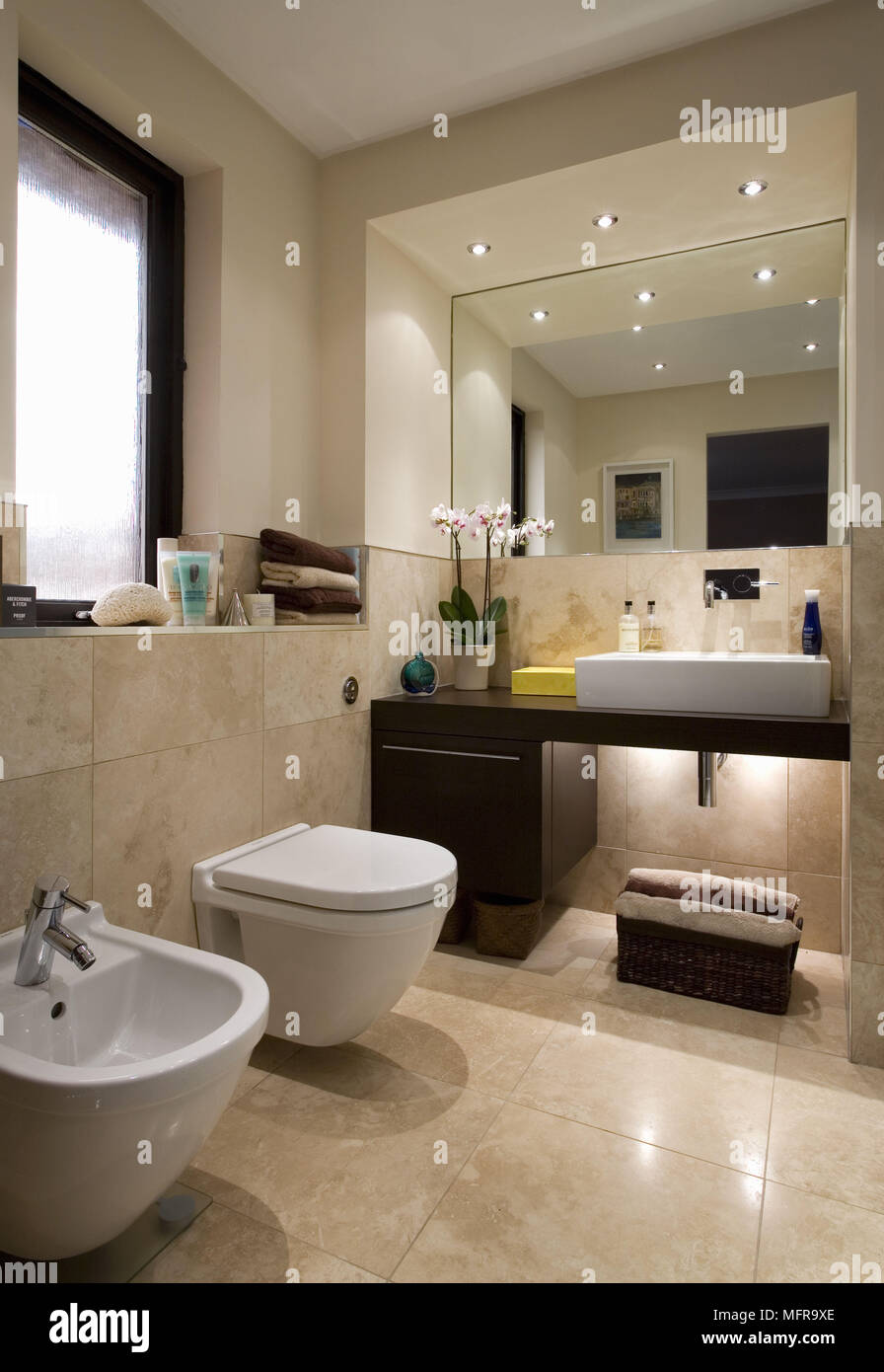 Specchio sopra lavabo impostato su scaffalatura in una moderna stanza da  bagno con wc e bidet finestra sottostante Foto stock - Alamy