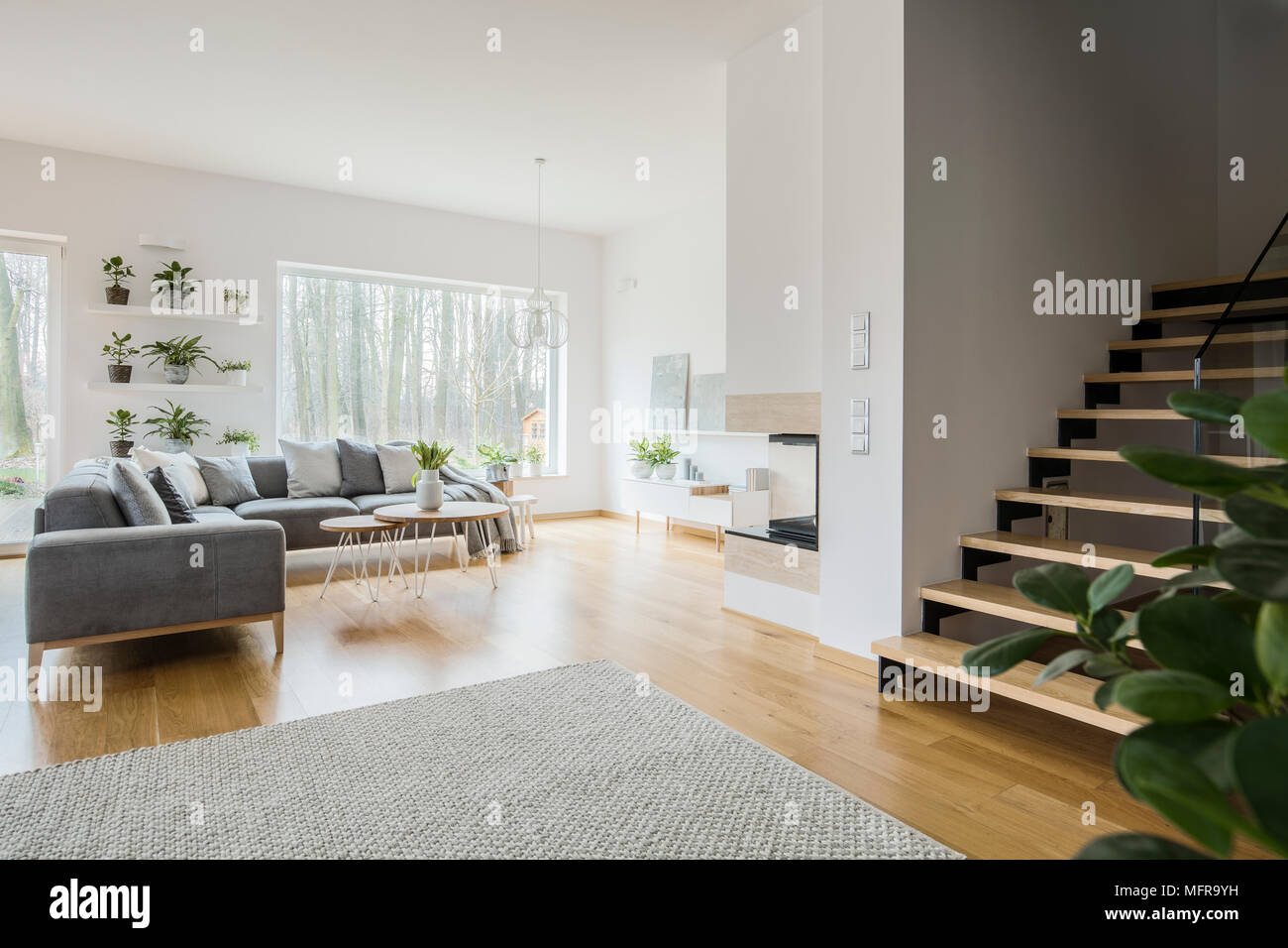 White salotto interno con angolo grigio lettino, fresche piante verdi, tappeti sui pavimenti e scale in legno Foto Stock