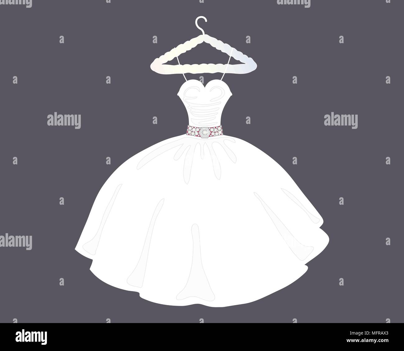 Una illustrazione di un designer di Bellissimo abito da sposa in stile ballgown su un negozio appendiabiti con sfondo grigio Illustrazione Vettoriale