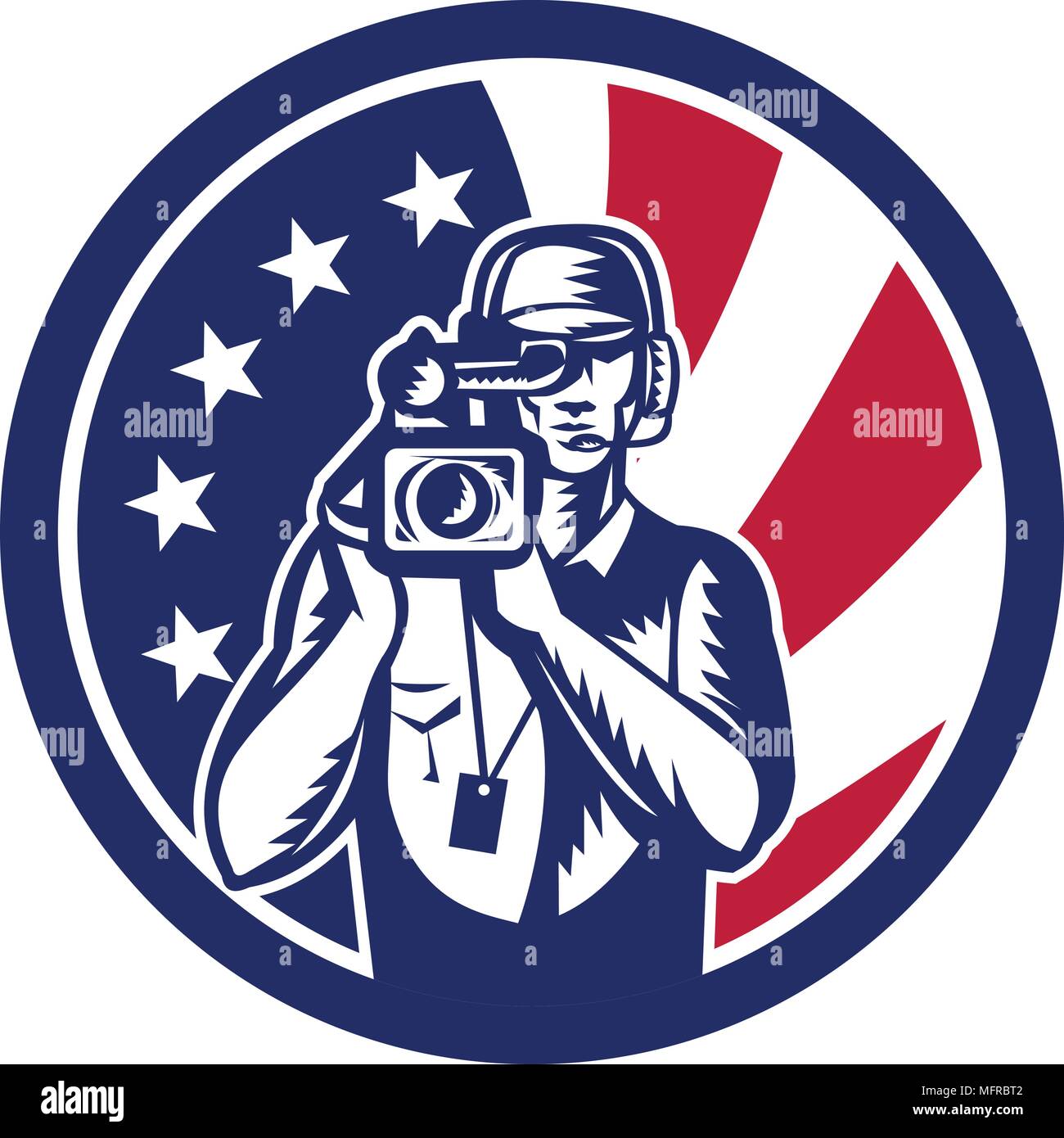 Icona di stile retrò illustrazione di un cameraman americano o operatore della fotocamera per immagini in movimento, film o la televisione con gli Stati Uniti d'America USA st Illustrazione Vettoriale