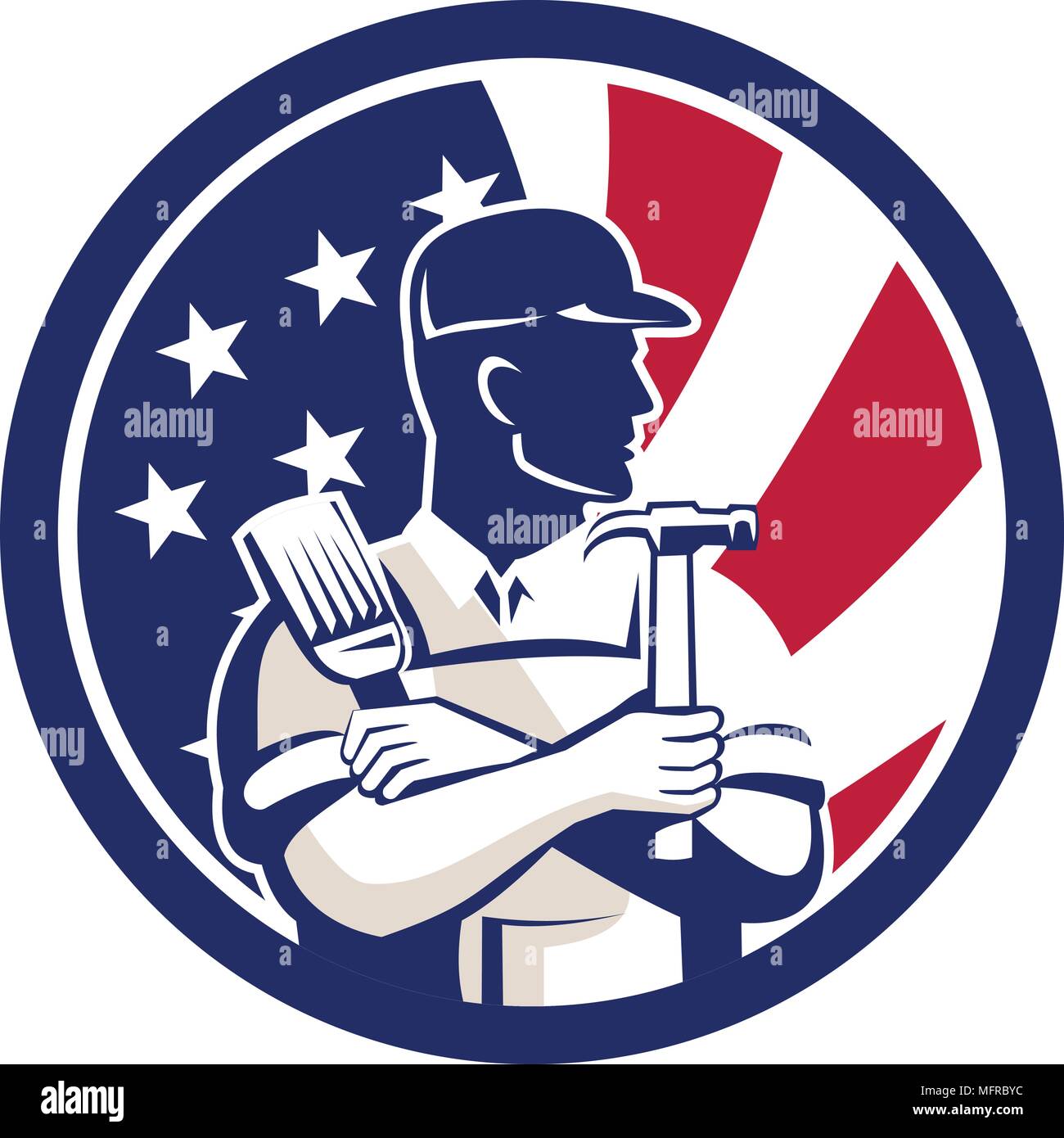 Icona di stile retrò illustrazione di un americano esperto di DIY, tuttofare, falegname, DIYer renovator o con strumenti negli Stati Uniti d'America USA star lamas Illustrazione Vettoriale