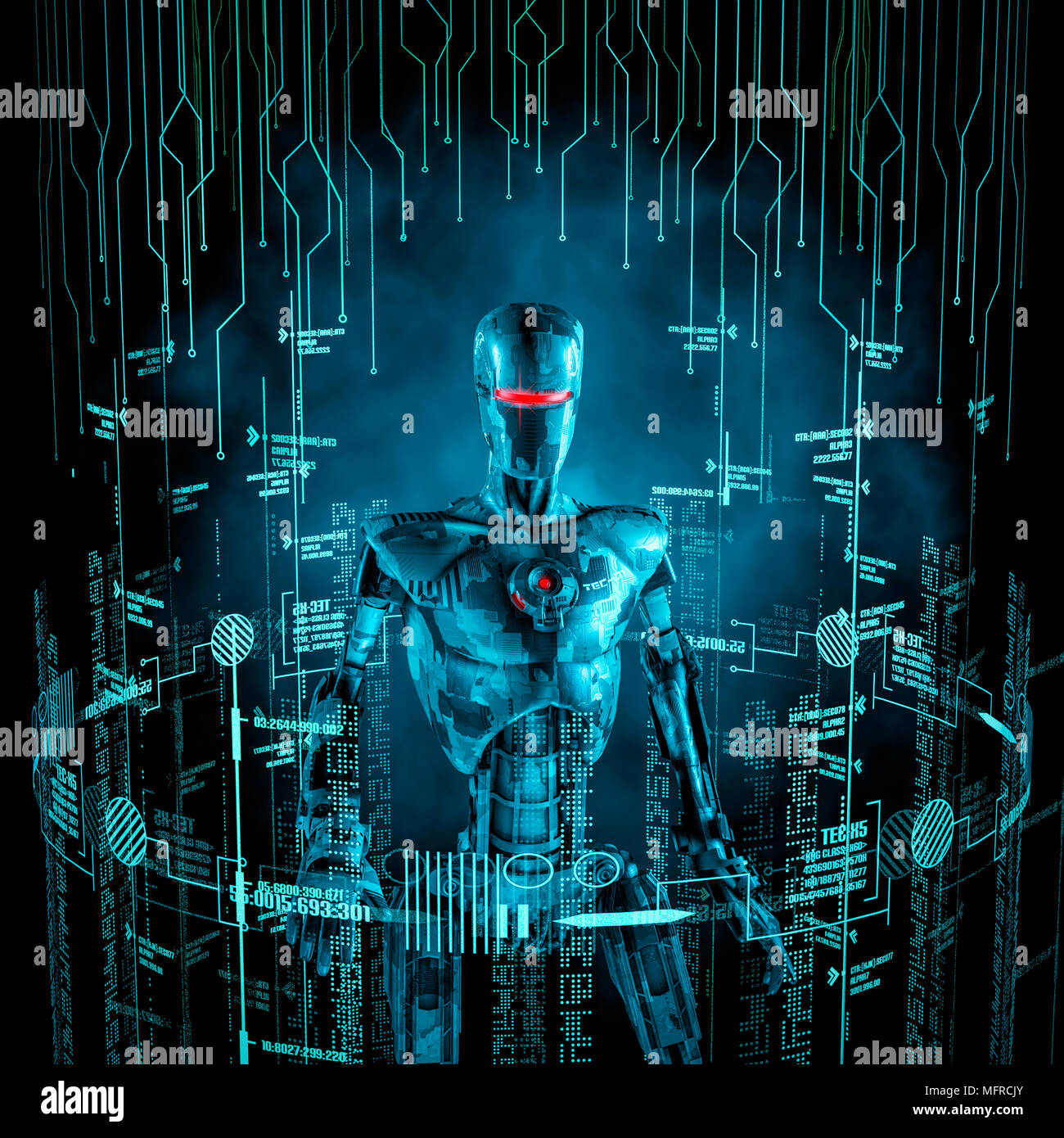 Dati concetto robot / 3D illustrazione di android militare circondato da incandescente virtual user interface Foto Stock