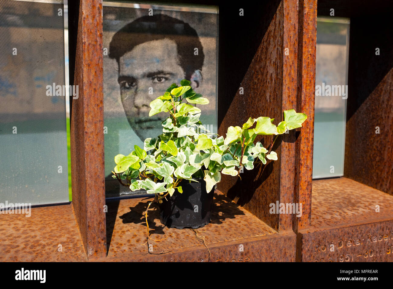 Fotografie di coloro i quali che sono stati uccisi durante il tentativo di fuggire da Berlino Est al Memoriale del Muro di Berlino su Bernauer Strasse , Berlino, Germania. Il GedenkstŠtte Berli Foto Stock