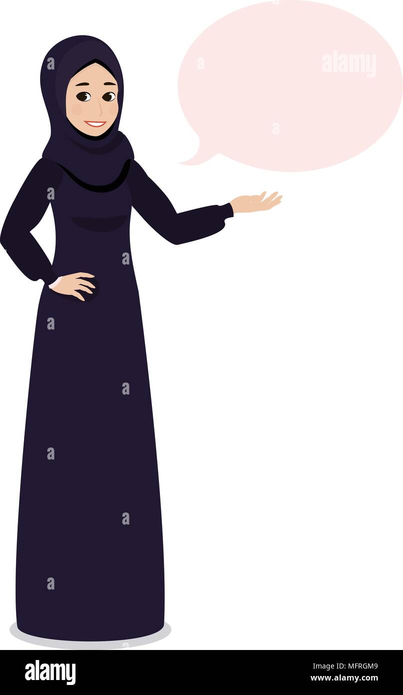 Arab ragazzina musulmana in hijab velo punti a qualcosa o la presentazione con la sua mano. Illustrazione Vettoriale