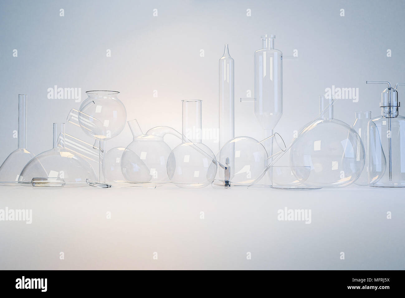 Vetreria di laboratorio su bianco di sfondo per studio provette diverse, fiale, destinatari, esperimenti medici vetreria chimica Foto Stock