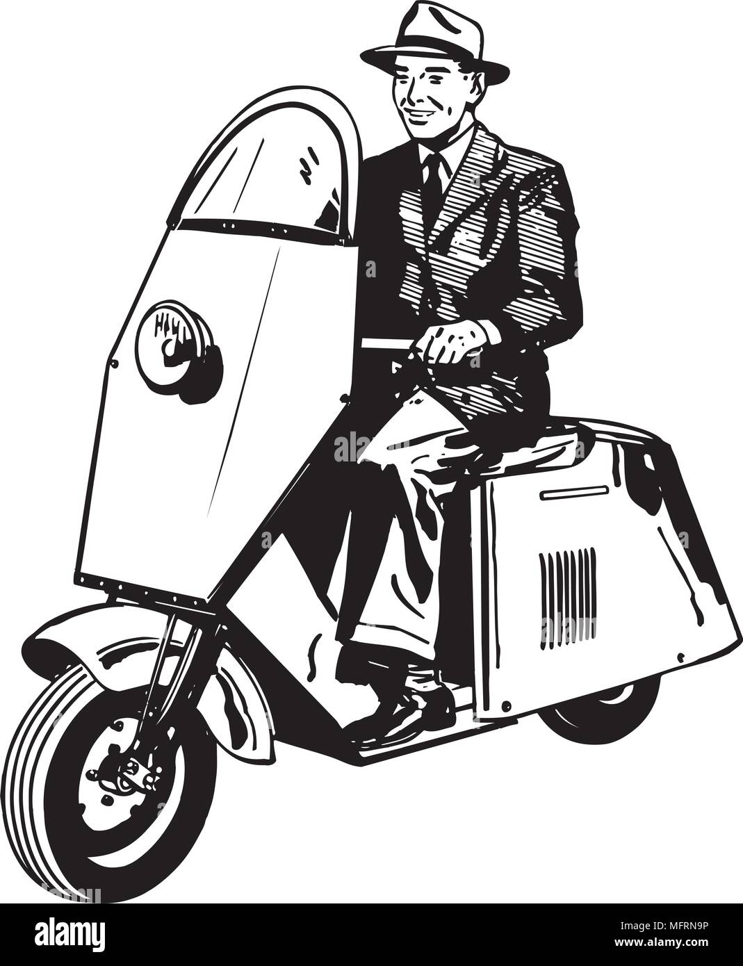 Uomo che cavalca Scooter - retrò illustrazione clipart Illustrazione Vettoriale