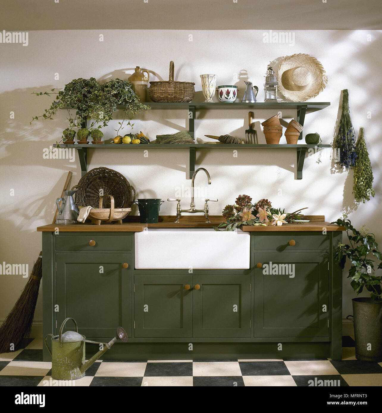 In stile country cucina con armadio dipinto con inserto butler lavandino e ripiani sopra, Foto Stock
