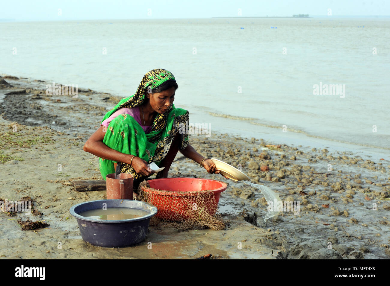 Vhola, Bangladesh- Maggio 20, 2012: una donna del Bangladesh raccoglie baby gamberetti a venderle in allevamento di gamberetti al distretto costiero Vhola, Bangladesh. Foto Stock