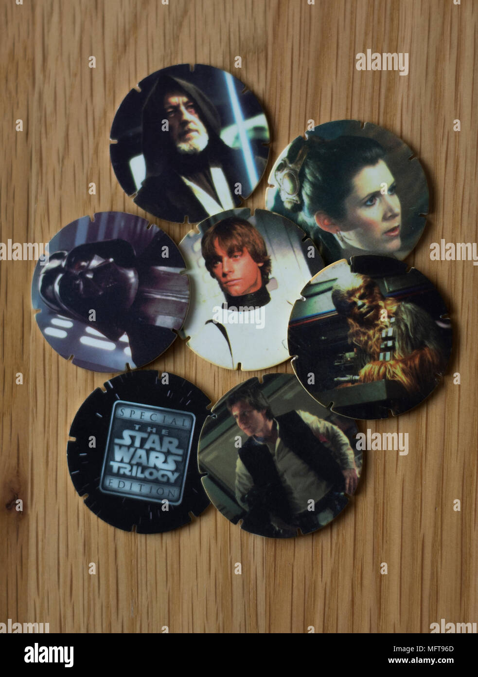Star Wars Ta205.Pogs. Realizzato per gli escursionisti croccantini personaggi di Star Wars. Edizione speciale trilogia di Star Wars Ta205 Foto Stock
