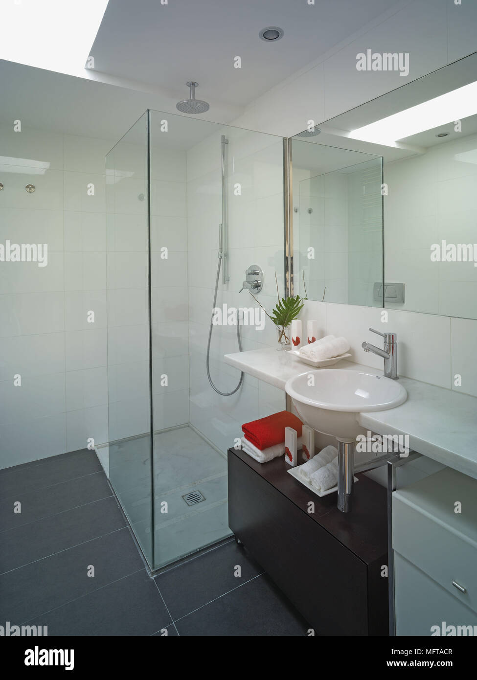 Set per lavabo in scaffale accanto al box doccia in bagno moderno Foto  stock - Alamy