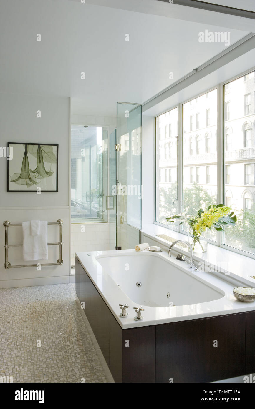 Vasca da bagno sotto la finestra in una moderna stanza da bagno con box  doccia Foto stock - Alamy
