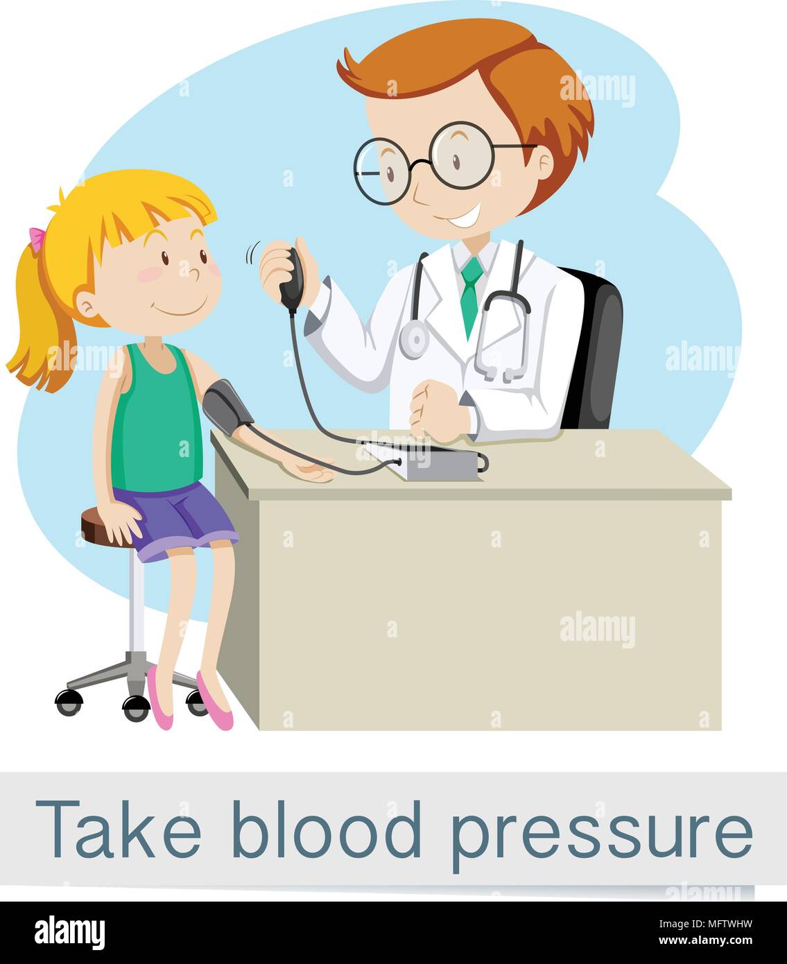 Una ragazza con il medico prende la pressione sanguigna illustrazione Illustrazione Vettoriale