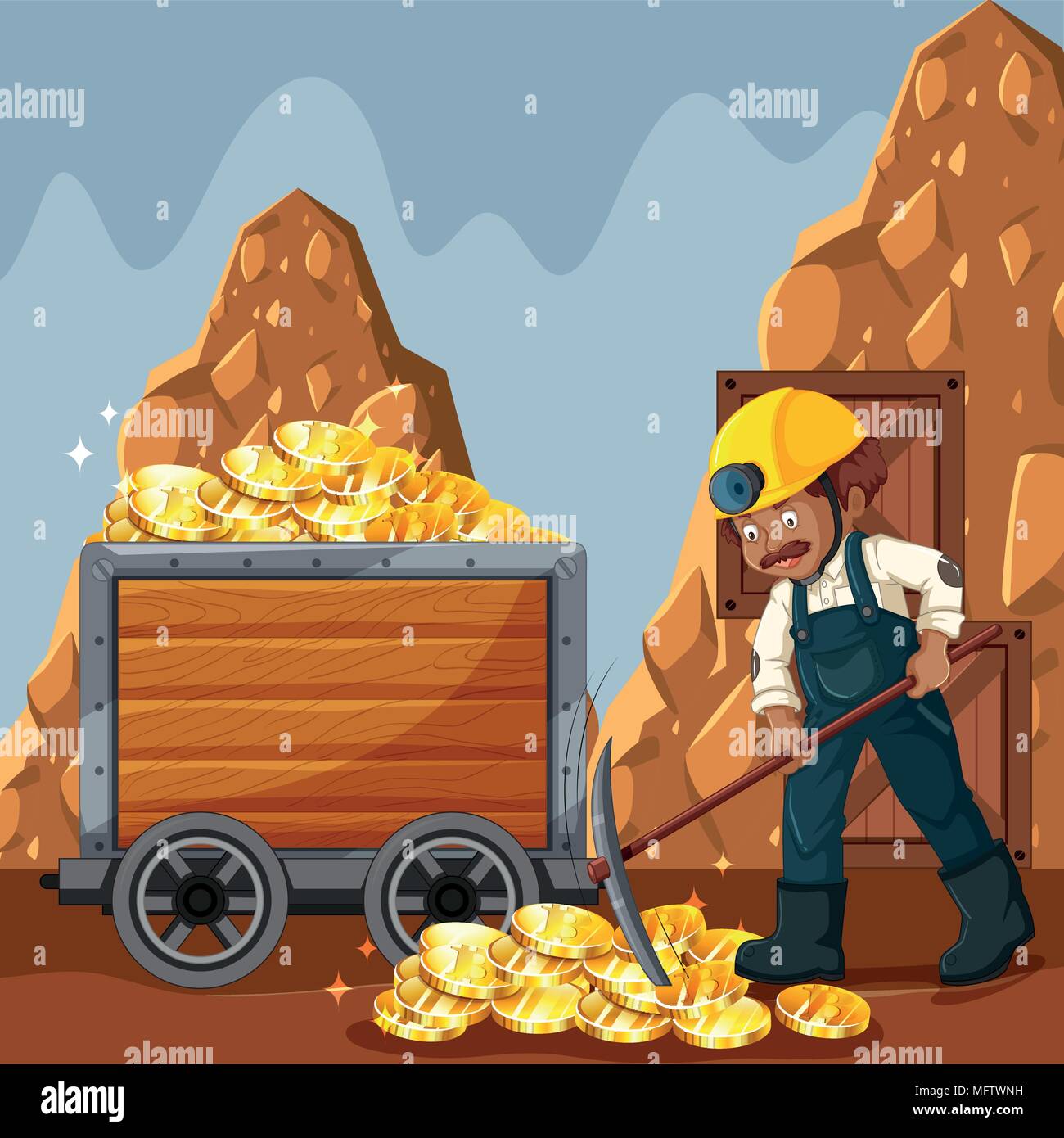 Cyber Coin minerario e illustrazione del lavoratore Illustrazione Vettoriale
