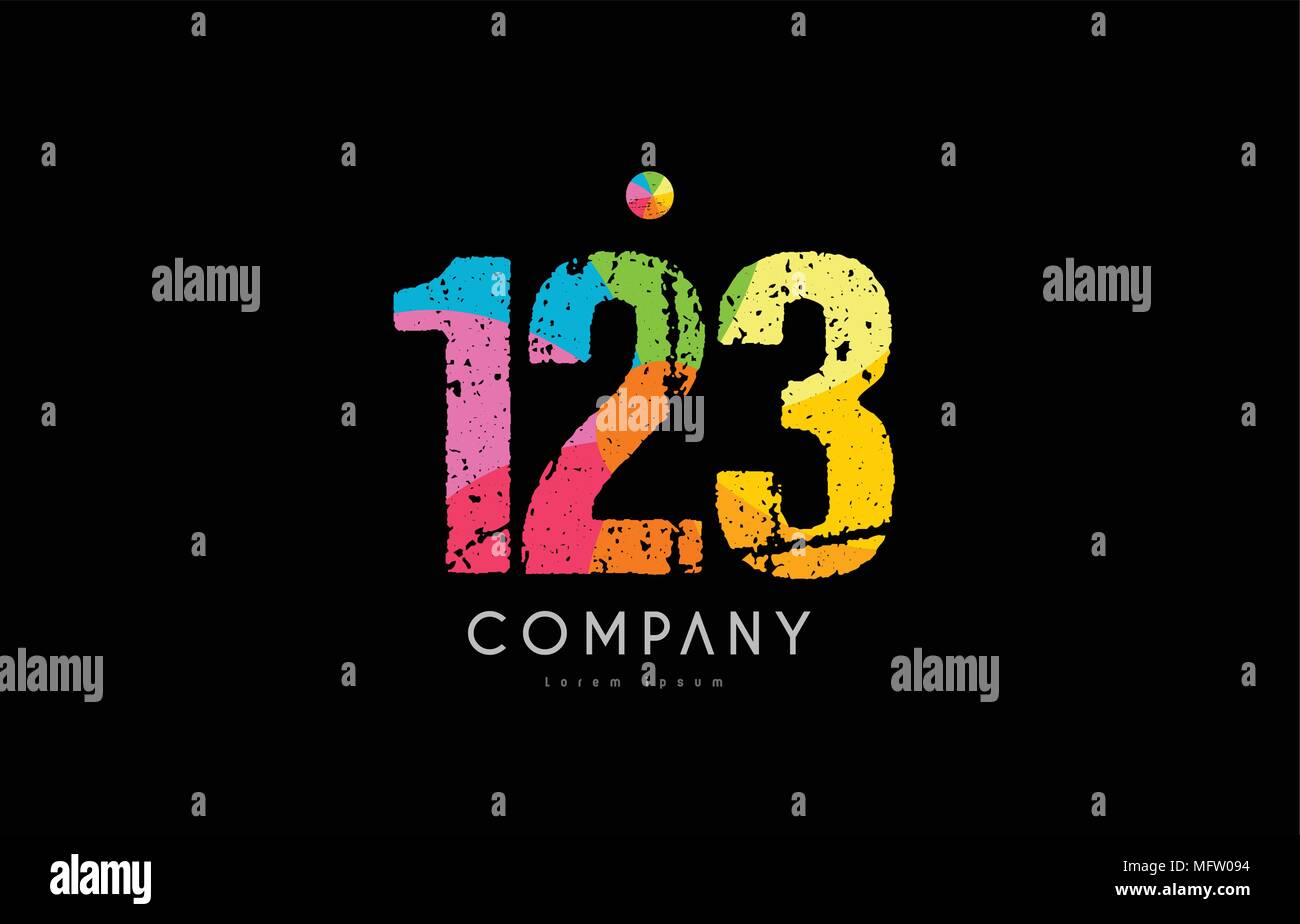 Numero 123 icona logo design con texture grunge e rainbow pattern colorato Illustrazione Vettoriale