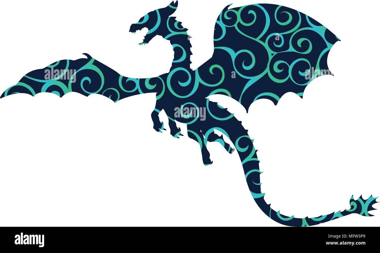 Dragon fantastiche silhouette modello simbolo della mitologia fantasy. Illustrazione Vettoriale. Illustrazione Vettoriale