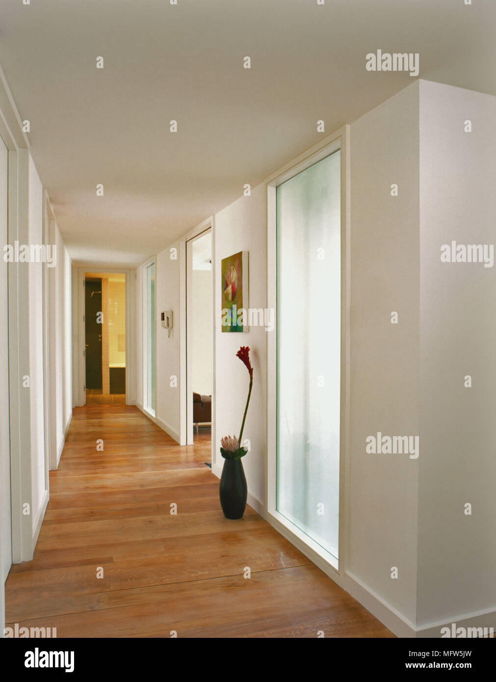 Un lungo corridoio moderno dotato di un pavimento in legno e pareti bianche con un pezzo di illustrazione sopra un grande vaso. Foto Stock