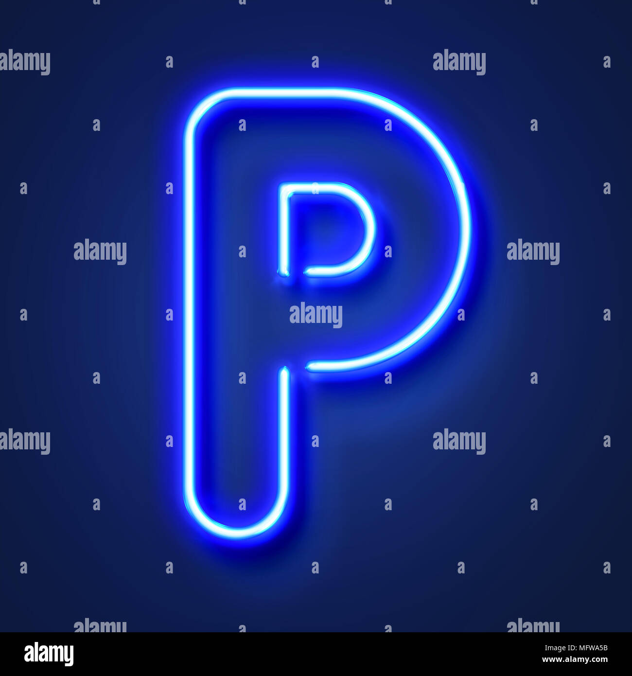 Lettera P realistico blu brillante lettera al neon contro uno sfondo blu Foto Stock