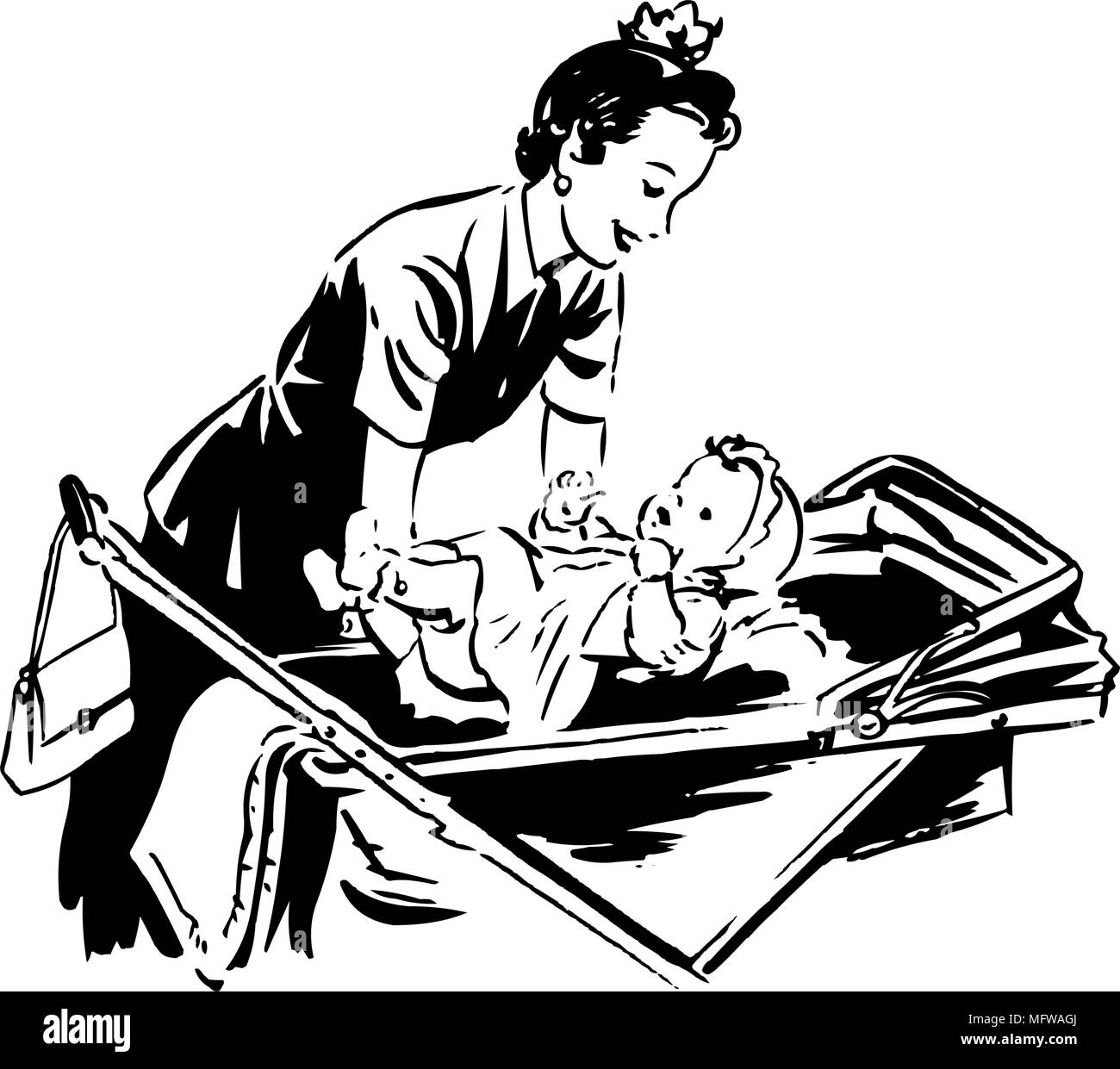 La mamma di mettere il bambino nel passeggino - retrò illustrazione clipart Illustrazione Vettoriale