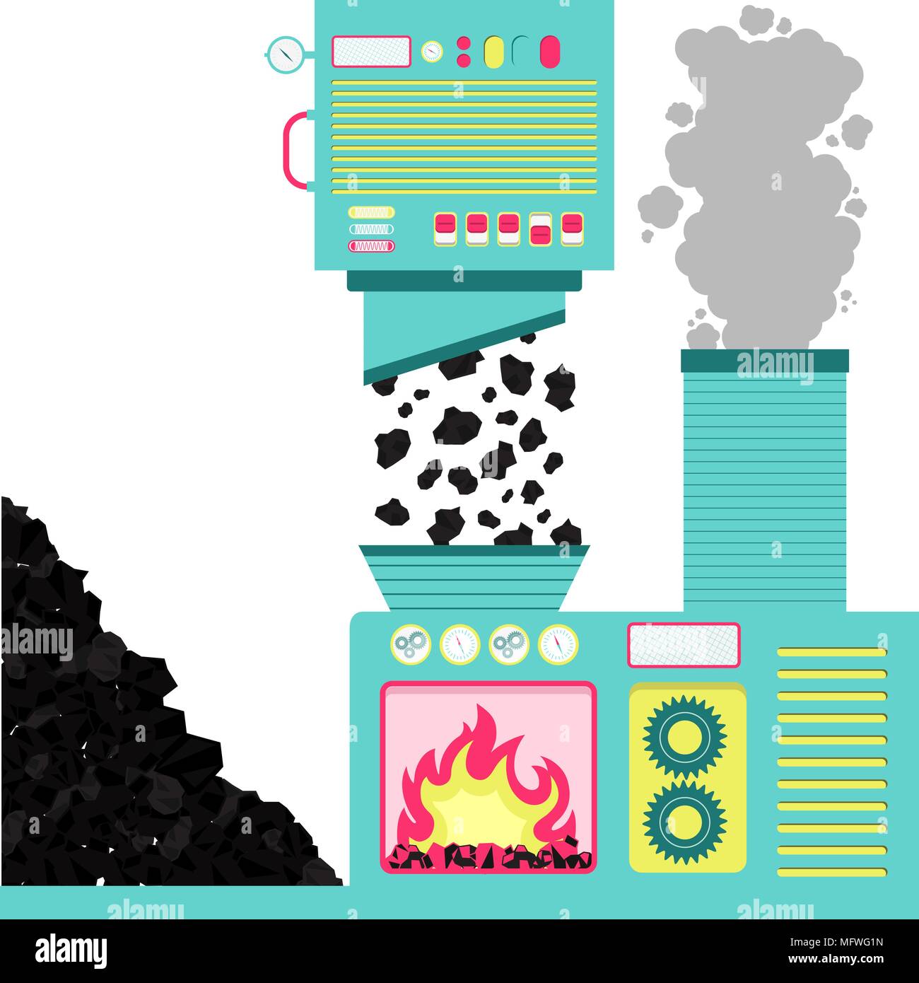 Macchinari con un forno di incenerimento carboni ardenti. Pila di braci sul lato. Il fumo proveniente dalla combustione in uscita del camino. Illustrazione Vettoriale