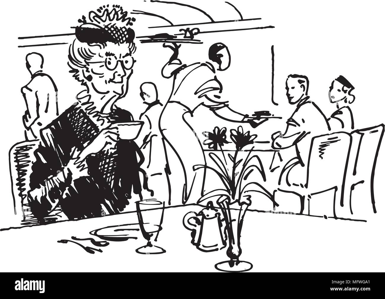 Old Lady bere il tè - retrò illustrazione clipart Illustrazione Vettoriale